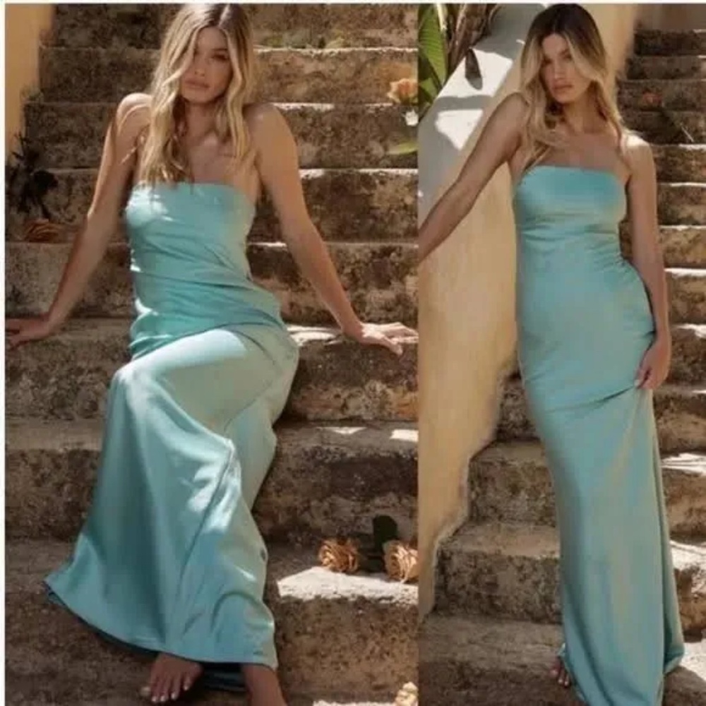 HOUSE OF CB Alette Jade Strapless Satin Maxi Trumpet Gown Dress